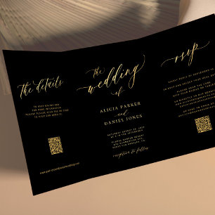 Invitación Tríptica Guión oro minimalista todo en un boda negro
