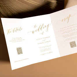 Invitación Tríptica Guión oro mínimo simple Detalles de RSVP boda QR