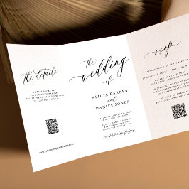 Invitación Tríptica Guión simple y elegante RSVP QR boda blanco