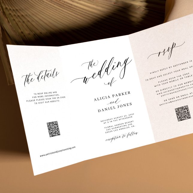 Invitación Tríptica Guión simple y elegante RSVP QR boda blanco (Subido por el creador)