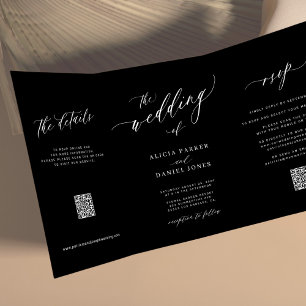 Invitación Tríptica Guión simple y elegante RSVP QR boda negro