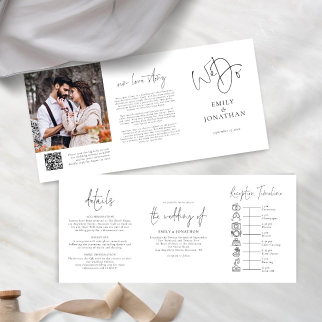 Invitación Tríptica Hacemos Boda de línea de tiempo de fotos en blanco (Front and back view)