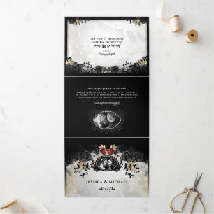 Invitación Tríptica Halloween Elegante Rosa - DETALLES Y MENU RSVP