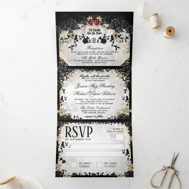 Invitación Tríptica Halloween Elegante Rosa "Junto con" NON-MENU (Interior)