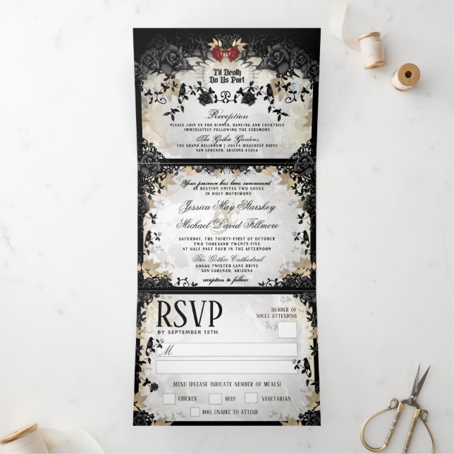 Invitación Tríptica Halloween Elegante Rosa - MENU RSVP (Interior)