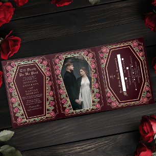 Invitación Tríptica Hasta La Muerte, Rosa, Boda Gótico Rojo