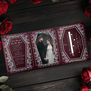 Invitación Tríptica Hasta La Muerte, Rosa, Boda Gótico Rojo