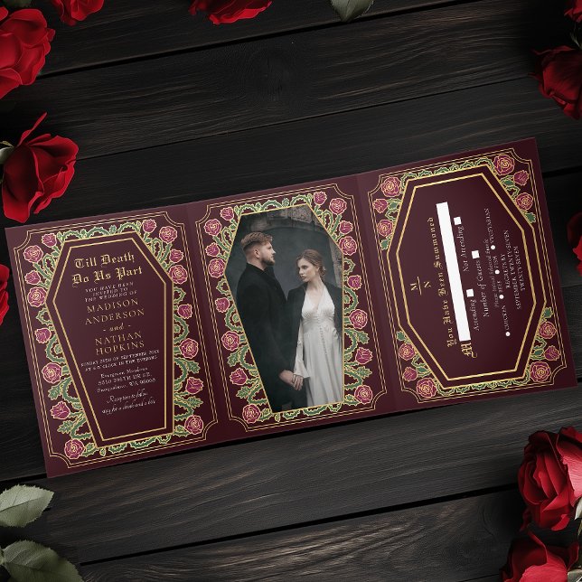 Invitación Tríptica Hasta La Muerte, Rosa, Boda Gótico Rojo (Subido por el creador)