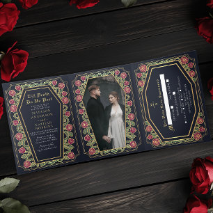 Invitación Tríptica Hasta La Muerte, Rosa Parcial, Boda Gótico Azul
