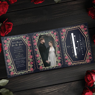 Invitación Tríptica Hasta La Muerte, Rosa Parcial, Boda Gótico Azul