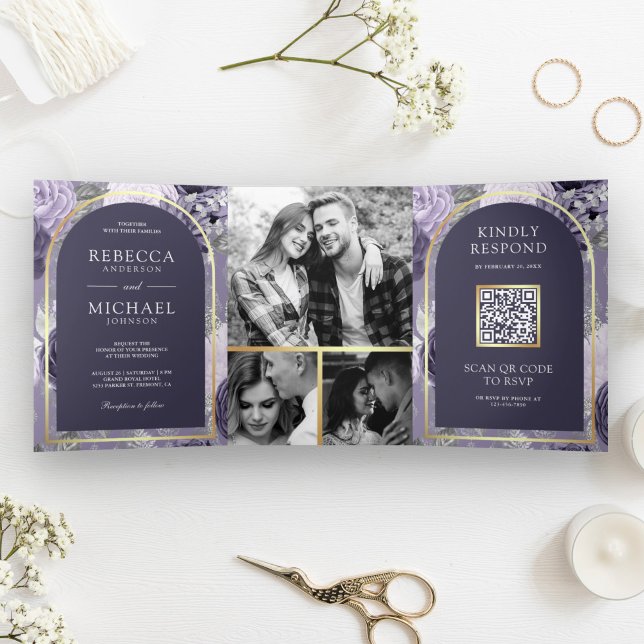 Invitación Tríptica Heather Purple Floral Arch QR Boda de código (Subido por el creador)