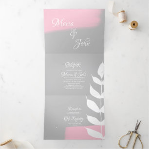 Invitación Tríptica Hermosa hoja botánica rosa pincel gris boda
