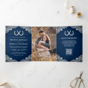 Invitación Tríptica Herradura de Azul Marinho Código QR Foto Boda
