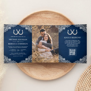 Invitación Tríptica Herradura de Azul Marinho Código QR Foto Boda