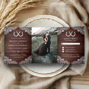 Invitación Tríptica Herraduras de madera rústica para boda con encaje