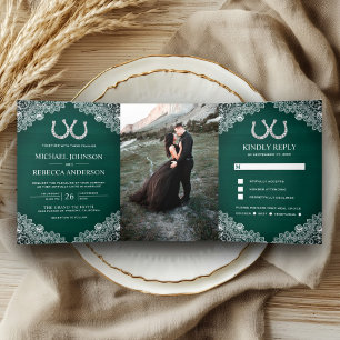 Invitación Tríptica Herraduras de madera verde azulado para boda con e