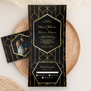 Invitación Tríptica Hexágono Retro Art Déco Negro Oro 3 en 1 Boda