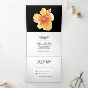 Invitación Tríptica Hibiscus Summer Tropical Yellow Naranja