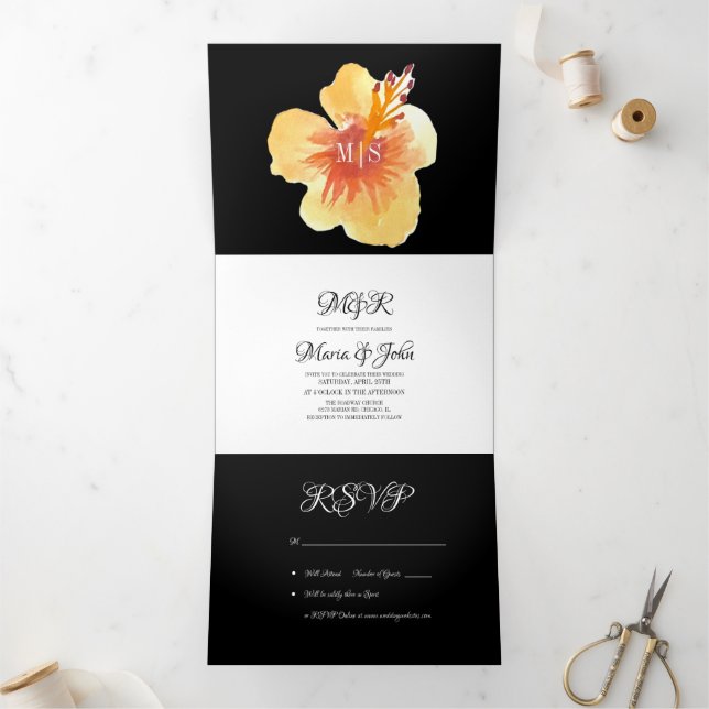 Invitación Tríptica Hibiscus Summer Tropical Yellow Naranja (Interior)