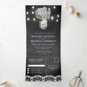 Invitación Tríptica Hidrangea Blanca Mason Jar String Lights Boda