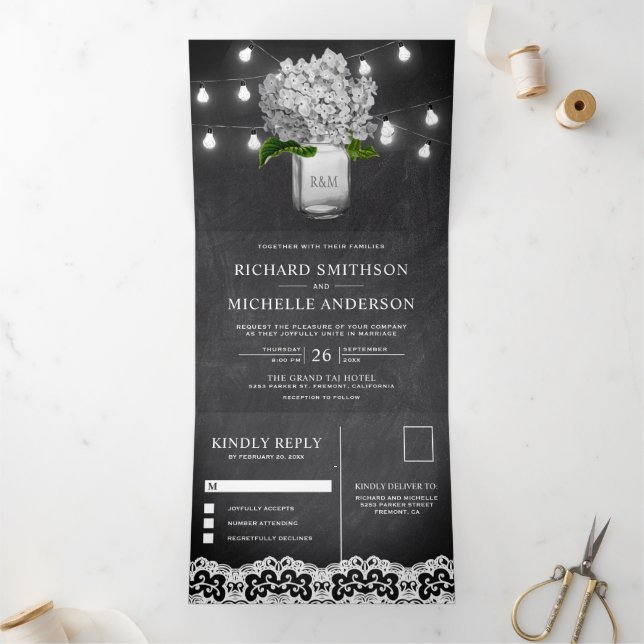 Invitación Tríptica Hidrangea Blanca Mason Jar String Lights Boda (Interior)
