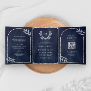 Invitación Tríptica Hojas de Corona de Laurel Plateado Bodas Azul Mari