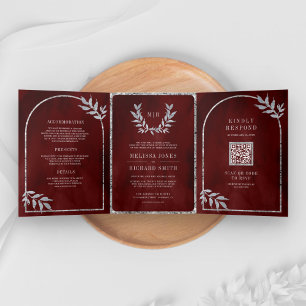 Invitación Tríptica Hojas de Laurel Plateado Corona Bodas Rojo Burdeos
