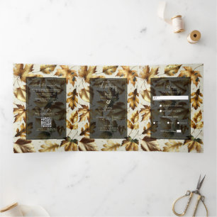 Invitación Tríptica Hojas de oro Almendra Beige y Negro Glam Boda de O