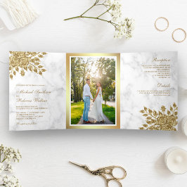 Invitación Tríptica Hojas de oro falsas Floral Mármol blanco Boda