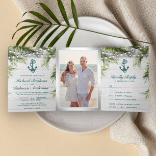 Invitación Tríptica Hojas de Palma de Madera Blanqueada Ancla Azul Tea