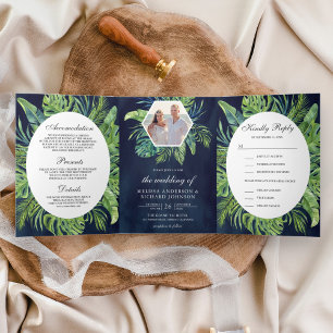 Invitación Tríptica Hojas de Palma Monstera Tropicales Bodas Azul Mari