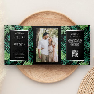 Invitación Tríptica Hojas de palma negra tropical código QR boda