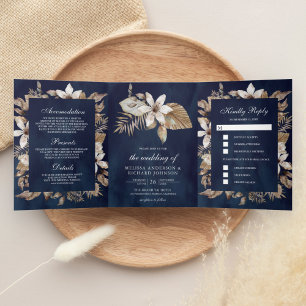 Invitación Tríptica Hojas de palma secas tropicales boda azul marino