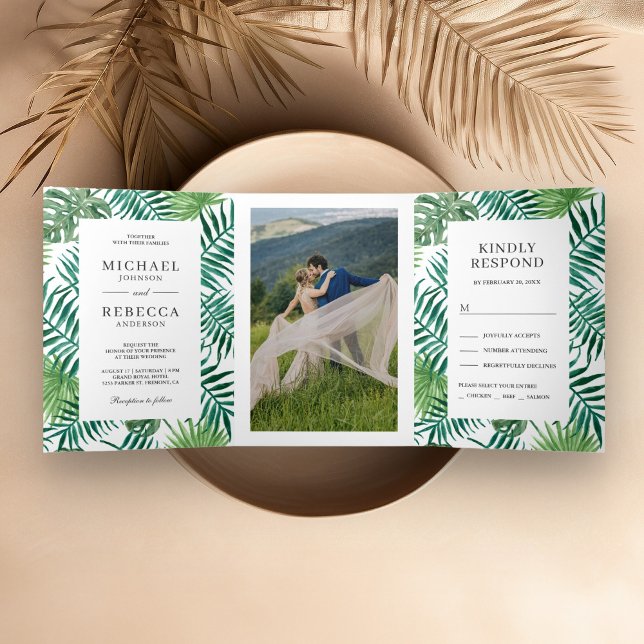 Invitación Tríptica Hojas de Palma Verdes y Blancas Boda Tropical (Subido por el creador)