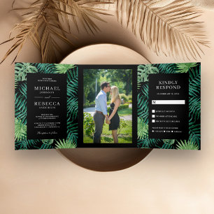Invitación Tríptica Hojas de Palma Verdes y Negras Boda Tropical