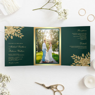 Invitación Tríptica Hojas de pan de oro falsas floral verde esmeralda 