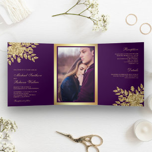 Invitación Tríptica Hojas de Pan de Oro Falso Floral Bodas Moradas