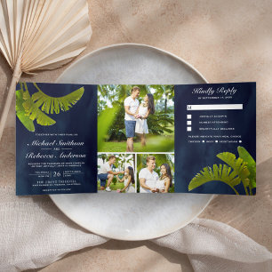 Invitación Tríptica Hojas de plátano tropicales 3 en 1 Boda azul marin
