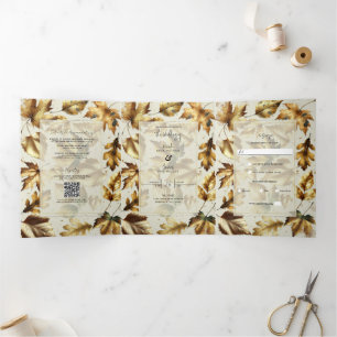Invitación Tríptica Hojas doradas Almendra Beige Glam Otoño Boda