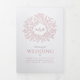 Invitación Tríptica hojas rosadas polvorientas blancas boda todo en un