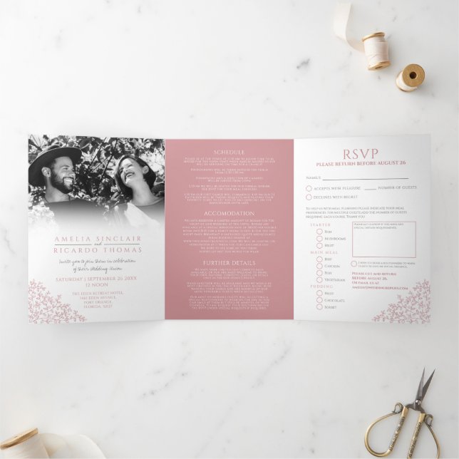 Invitación Tríptica hojas rosadas polvorientas blancas boda todo en un (Interior)