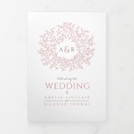 Invitación Tríptica hojas rosadas polvorientas blancas boda todo en un