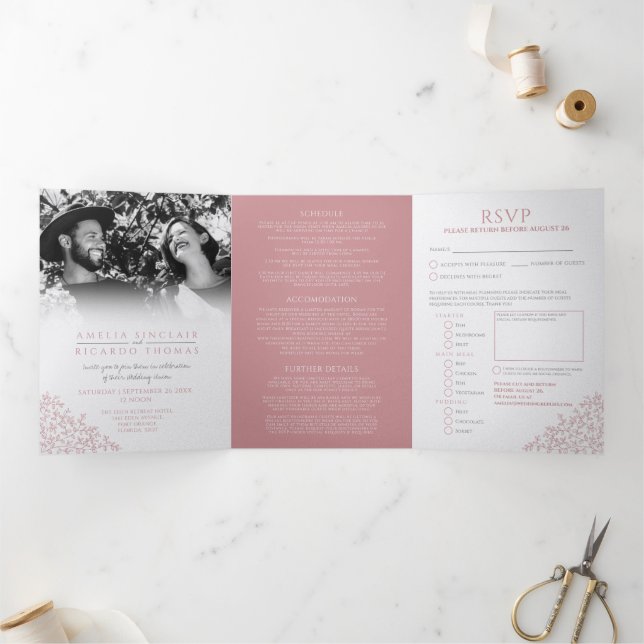 Invitación Tríptica hojas rosadas polvorientas blancas boda todo en un (Interior)