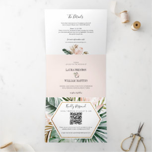 Invitación Tríptica Hojas tropicales Boda RSVP Código QR Detalles Foto