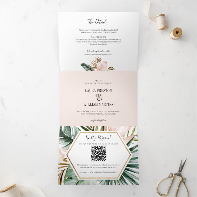 Invitación Tríptica Hojas tropicales Boda RSVP Código QR Detalles Foto (Interior)
