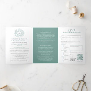 Invitación Tríptica Hojas verdes monograma boda todo en uno