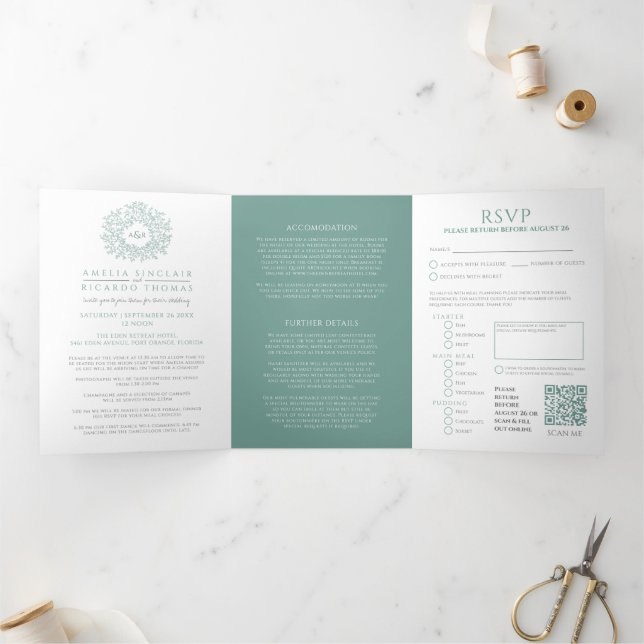 Invitación Tríptica Hojas verdes monograma boda todo en uno (Interior)