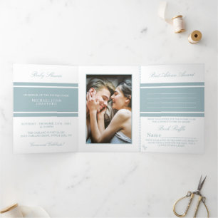 Invitación Tríptica Huevo negro azul, moderna suite Baby Shower