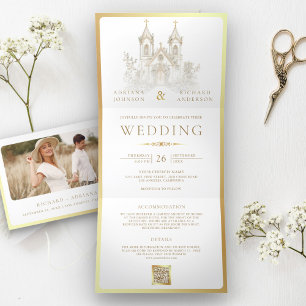 Invitación Tríptica Iglesia Católica Oro Blanca en un solo Boda