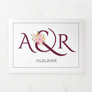 Invitación Tríptica Iniciales de Borgoña y boda de rosas rosa rosa y a